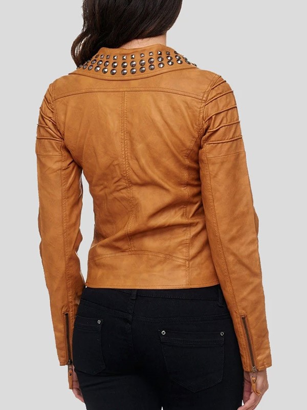Womens Brown Studded Biker Leather Jacket